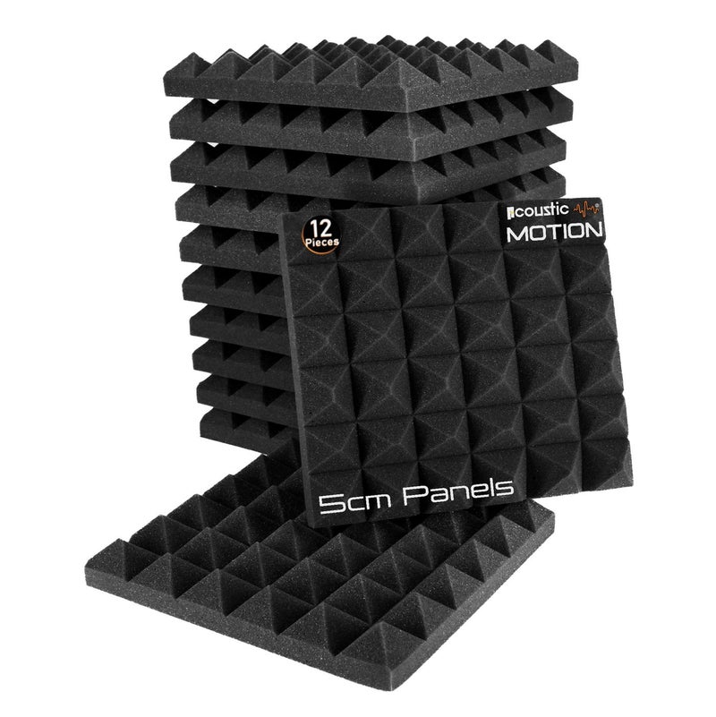 Acoustic Motion acoustic Foam Panels-Sound Proof PYRAMIDS design Panel With Self-Adhesive Set Of 12 5X30X30Cm Dark Grey Stylish Acoustic Panels Basic For studio,recording,home,office,Acoustic Room Treatment - Image 1